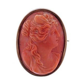 Antique Victorian 14k Gold Coral Cameo Brooch Pin