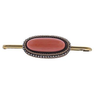 Antique Victorian 14k Gold Coral Seed Pearl Brooch Pin