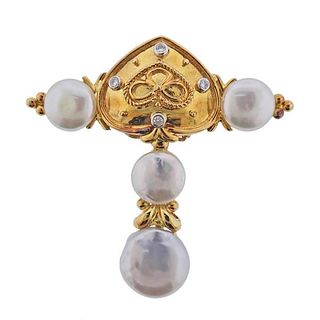 18k Gold Diamond Pearl Brooch Pendant