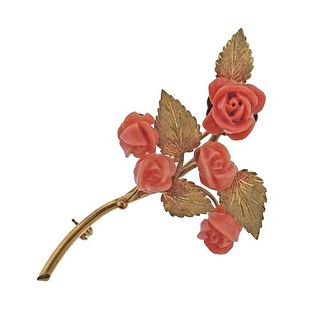 18k Gold Carved Coral Flower Brooch Pin