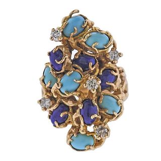 1970s 14k Gold Diamond Turquoise Lapis Free Form Ring