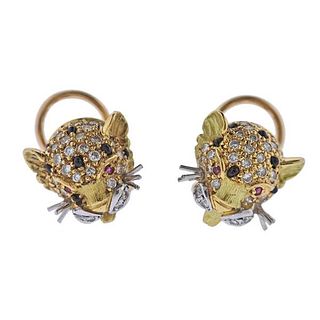18k Gold Diamond Ruby Onyx Jaguar Earrings