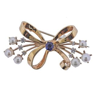 Retro 14k Gold Diamond Sapphire Pearl Bow Brooch Pin