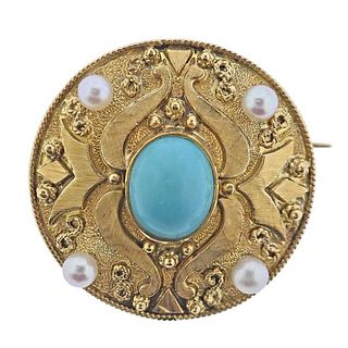 Lalaounis Greece 18k Turquoise Pearl Brooch Pin
