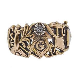 Antique  Masonic 14k Gold Diamond Ring