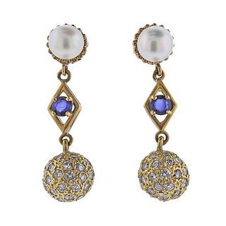 18k Gold Diamond Pearl Sapphire Earrings