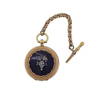 Antique 18k Gold Diamond Enamel Key Wind Pocket Watch 