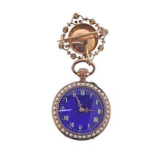 Antique 14k Gold Enamel Pearl Lapel Pocket Watch 