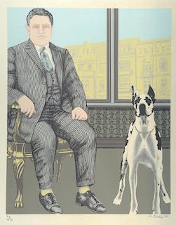 H Becker, 'Man & His Dog', signed and dated '73, limited edition lithograph 46/150, 76.5cm x 57cm,
