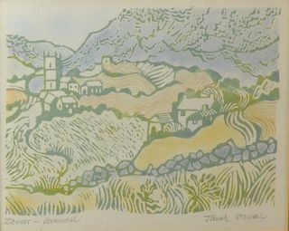 Janet Stowell, 'Zennor - Cornwall', signed, linocut, 16cm x 20cm,
