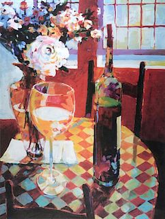 R Bernard. Limited edition print, still life of wine bottle and flowers. Signed and numbered 62/400