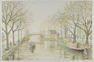 Jeremy King, riverscape with figures in a boat and a barge, signed, limited edition print 40/250, 44