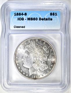 1884-S MORGAN DOLLAR ICG MS-60 DETAILS CLEANED