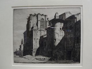 Ian Strang, San Gil, Burgos, drypoint etching, 1927, signed in pencil lower right, 22 x 27.5 cm (pla