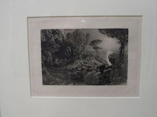 Samuel Palmer (1805-1881), Moeris and Galatea, etching, c. 1880, 23.5 x 19 cm (plate) <br> <br>