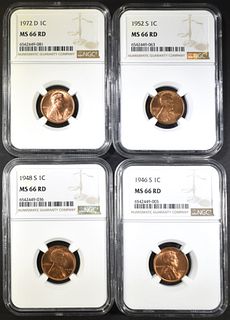 1946-S, 48-S, 52-S, 72-D LINCOLNS NGC MS-66 RD
