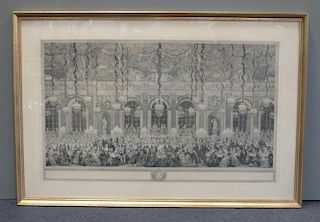 Versailles, Galerie des Glaces, historical banqueting scene, engraving, late 19th century, 46.5 x 76