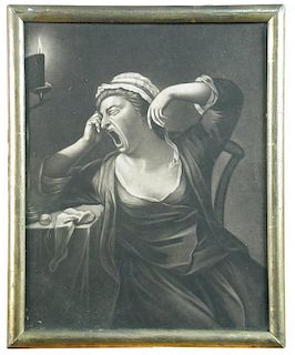 Pair of 18th century mezzotints, to include The Drowsy Dame and The Studious Yawner, published by Ro