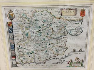 Jan Blaeu, Essexia Comitatus hand coloured double page engraved map of Essex, 43 x 54cm;  an unframe