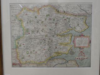 Saxton and Kip Essexia Comitatus, engraved map of Essex with hand colour, c.1637, 29 x 37cm <br> <br