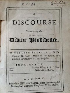 SHERLOCK (William) A Discourse concerning the Divine Providence, London: for William Rogers 1694, tw
