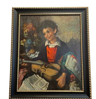 Oil on Canvas of Young Boy with Violin Signed DORINI