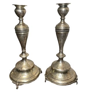 Pair of Etched Silver Brass Candlesticks 
