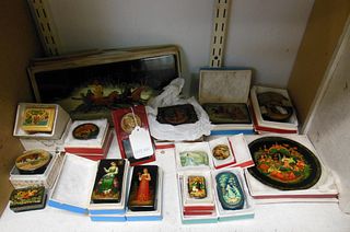 Group of Russian Lacquer Boxes, Pin & Plaques.
