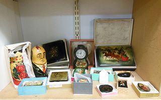 Group of Russian Lacquer Boxes, Dolls & Clock.