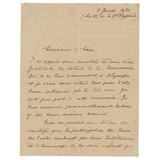 Pierre de Coubertin Autograph Letter Signed to the Mayor of Ancient Olympia
