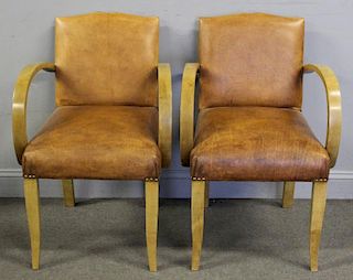 Pair of Art Deco Leather Upholstered Bent Arm