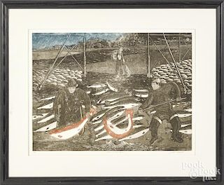 John Neville (Canadian, b. 1952), engraving, titled Salmon at Race Point, signed lower right