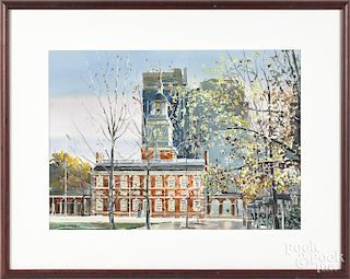 Raimond Del Noce (American 20th/21st c.), watercolor of Independence Hall, signed lower left