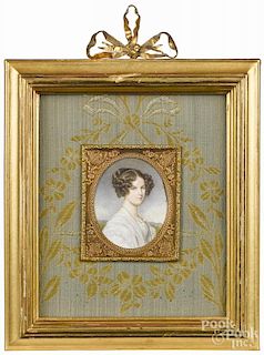 Miniature watercolor on ivory portrait of a young woman, ca. 1830, 2 1/2'' x 2''.