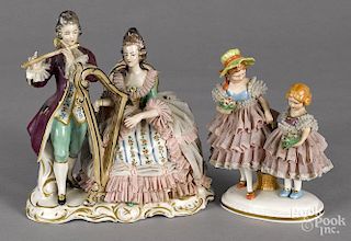 Frankenthal porcelain musical grouping, 9'' h., together with a Dresden group of two girls, 7'' h.