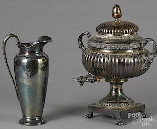 English silver-plated hot water urn, 17 1/2'' h., and pitcher, 12 1/2'' h.
