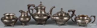 Sterling silver five-piece tea service, coffee pot - 8 1/4'' h., 76 ozt.
