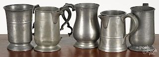 Five English pewter tankards, 19th c., tallest - 6 3/4''.