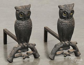 Pair of cast iron owl andirons, ca. 1900, 15 1/4'' h.