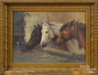 Oil on canvas of three horses drinking from a trough, ca. 1900, 11'' x 15''.