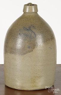 Maine stoneware jug, 19th c., with cobalt incised swan decoration, 11 1/2'' h.