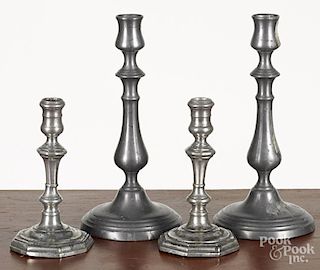 Two pairs of pewter candlesticks, 19th c., 10 3/4'' h. and 7 1/4'' h.
