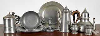 Nine pieces of pewter tableware, 19th/20th c., tallest - 9''.