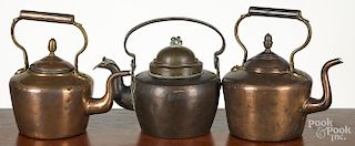 Three copper tea kettles, 19th c., tallest - 11 1/2''.