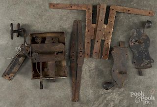 Three wrought iron door locks, 19th c., together with a pair of HL hinges and a pair of strap hinges