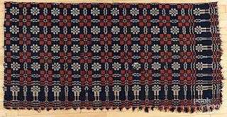 Collection of woven coverlets, mid 19th c., together with coverlet panels and fabric.