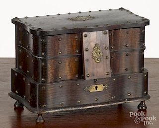 English elm locking jewel chest, late 19th c., with brass tack decoration, 6 1/2'' h., 8 1/2'' w.
