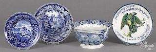 Blue Staffordshire Italian scenery bowl, 19th c., 5 1/4'' h., 10'' dia., together with two plates
