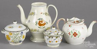 Pearlware coffee pot, 8 1/2'' h., teapot, and two covered sugars, 19th c.