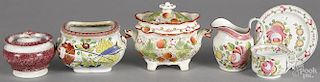 Pearlware, 19th c., to include a red spatter covered sugar, a strawberry sugar